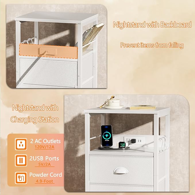 Furologee bedside table with charging station, bedside table with fabric drawers, side table with USB ports and sockets, bedside table with storage shelves and hooks, suitable for living room/bedroom, country brown