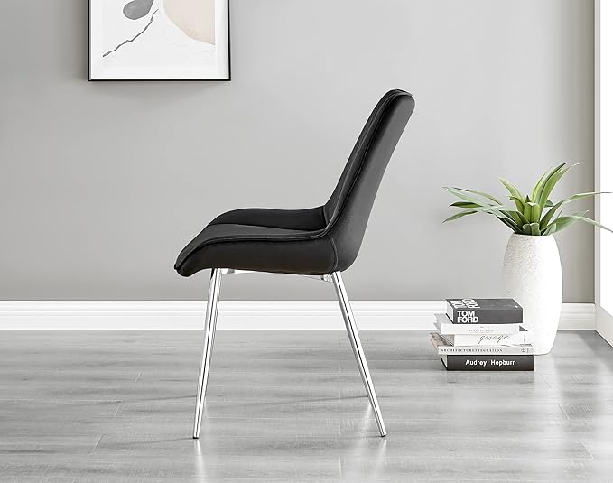 Furniturebox Dining Chair Set - 2 Pieces - Pesaro Black Velvet Silver Chrome Metal Legs Modern Luxury Restaurant Kitchen Chair