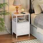 Furologee bedside table with charging station, bedside table with fabric drawers, side table with USB ports and sockets, bedside table with storage shelves and hooks, suitable for living room/bedroom, country brown