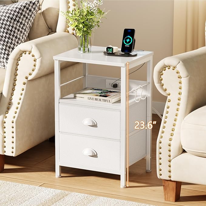 Furologee bedside table with charging station, bedside table with fabric drawers, side table with USB ports and sockets, bedside table with storage shelves and hooks, suitable for living room/bedroom, country brown