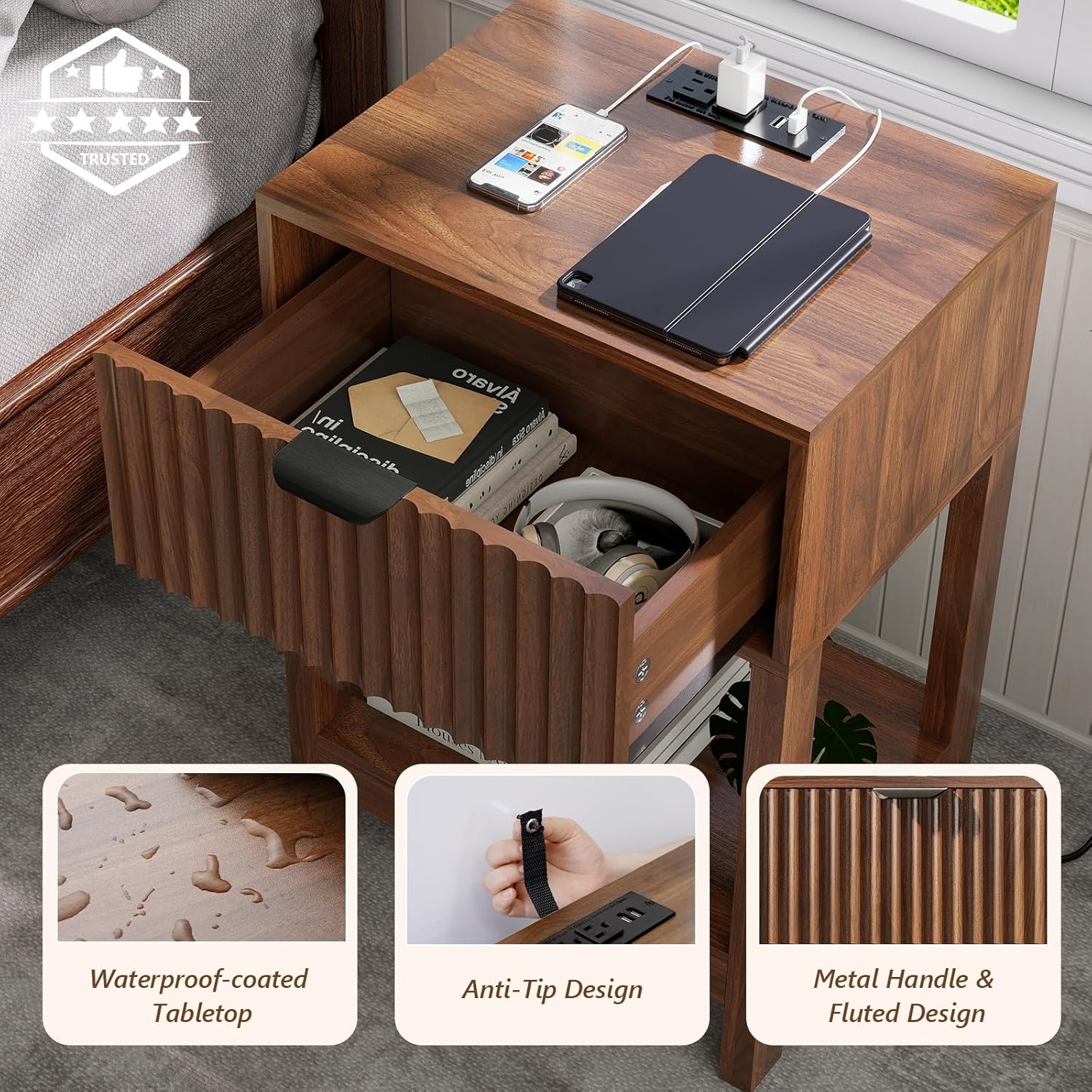 Bedside cabinet set 2, recessed bedside cabinet with charging station, wooden bedside cabinet with drawers and storage shelves, modern bedside cabinet for bedroom, sofa, office, walnut wood