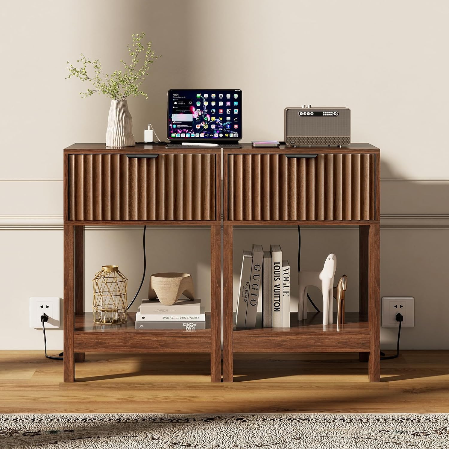 Bedside cabinet set 2, recessed bedside cabinet with charging station, wooden bedside cabinet with drawers and storage shelves, modern bedside cabinet for bedroom, sofa, office, walnut wood