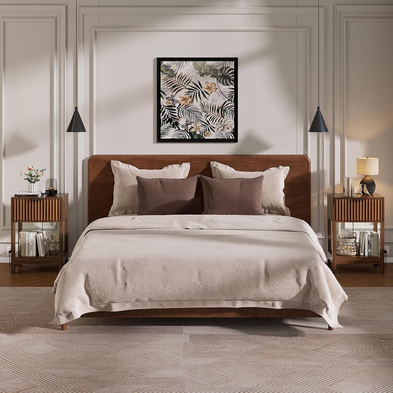 Bedside cabinet set 2, recessed bedside cabinet with charging station, wooden bedside cabinet with drawers and storage shelves, modern bedside cabinet for bedroom, sofa, office, walnut wood