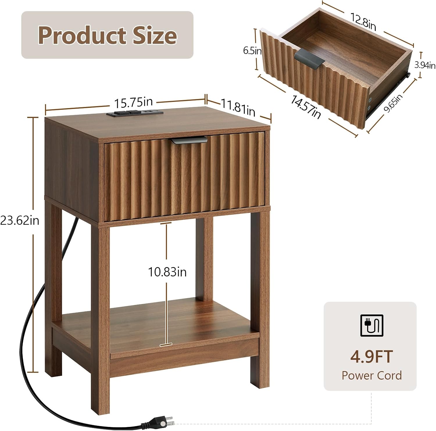 Bedside cabinet set 2, recessed bedside cabinet with charging station, wooden bedside cabinet with drawers and storage shelves, modern bedside cabinet for bedroom, sofa, office, walnut wood