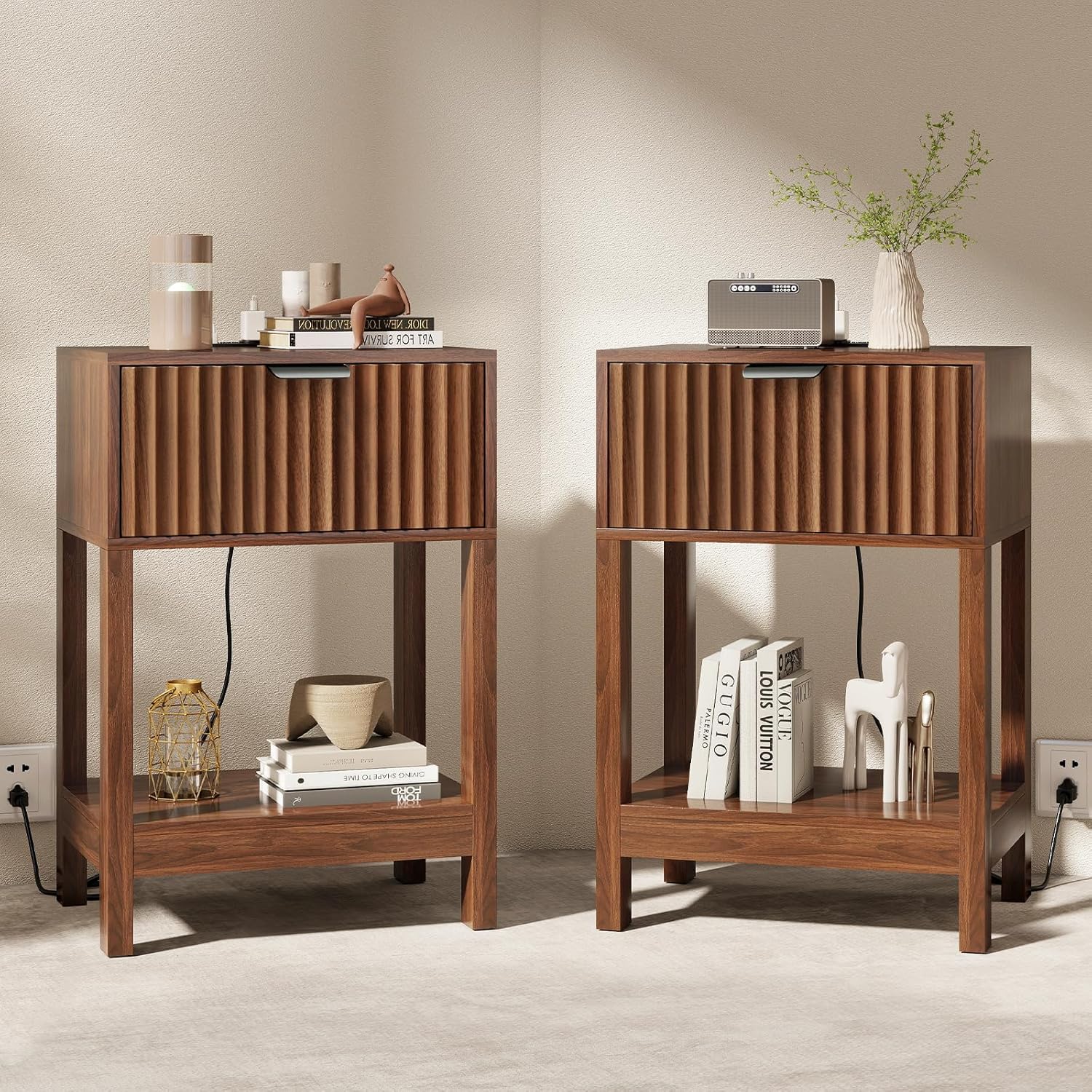 Bedside cabinet set 2, recessed bedside cabinet with charging station, wooden bedside cabinet with drawers and storage shelves, modern bedside cabinet for bedroom, sofa, office, walnut wood