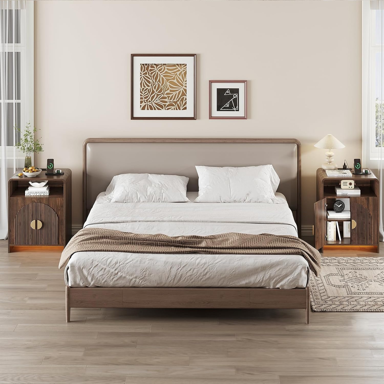 The bedside table is equipped with a charging station and LED lights. The bedside table can be adjusted to a storage compartment. The modern side table has recessed doors and open storage space. Bedroom, living room,