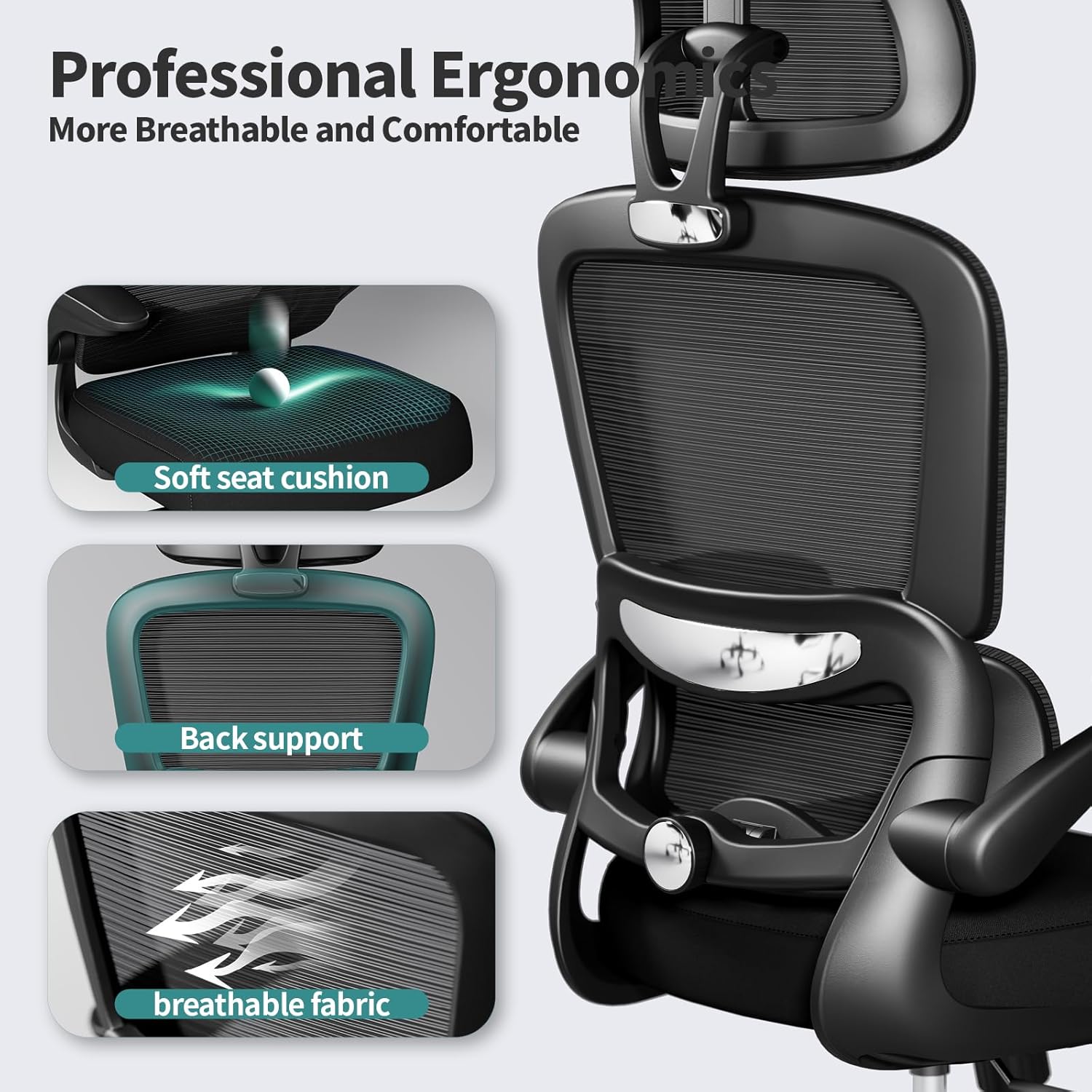 TRALT office chair ergonomic desk chair, 300 pounds (approximately 149.7 kilograms) household mesh office desk chair with wheels, comfortable gaming chair, long-lasting high-back office chair (black)