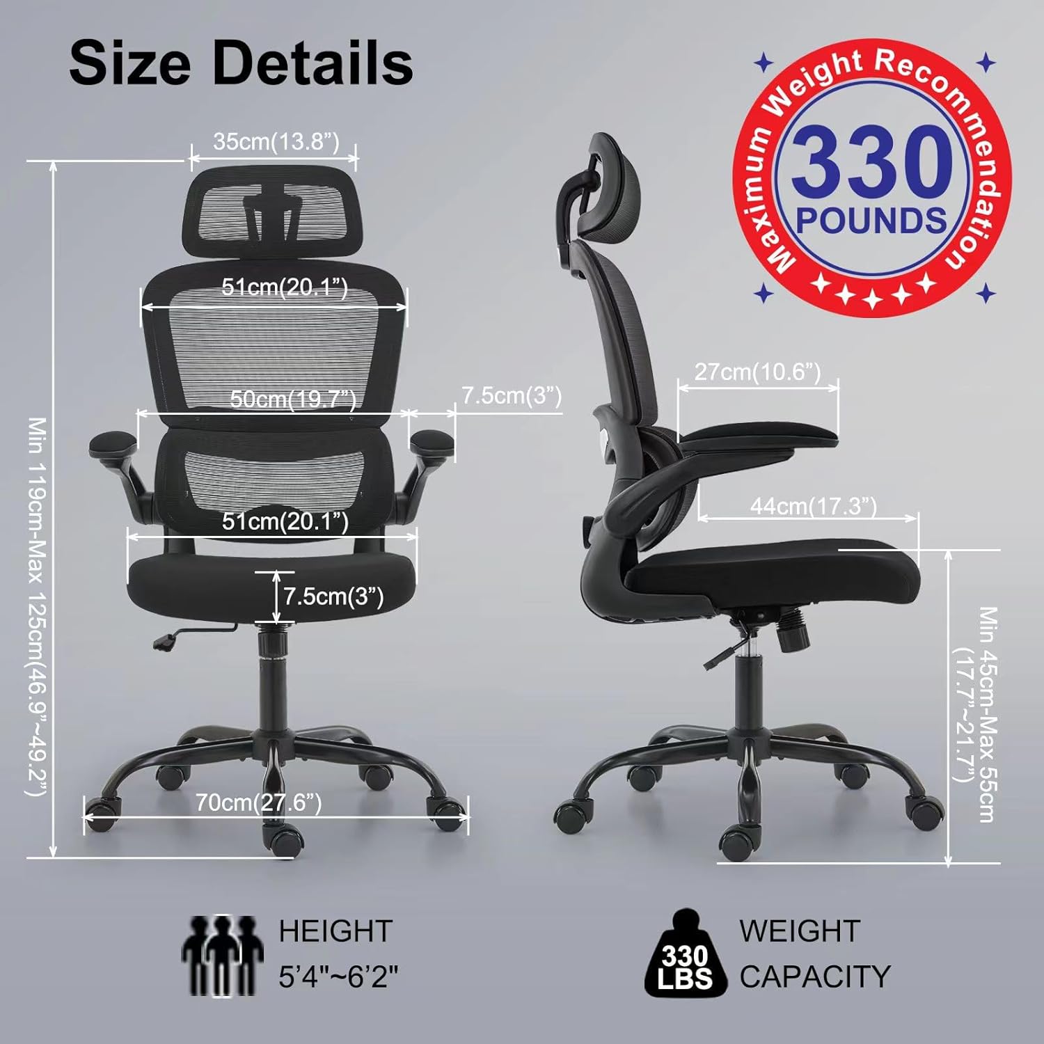 TRALT office chair ergonomic desk chair, 300 pounds (approximately 149.7 kilograms) household mesh office desk chair with wheels, comfortable gaming chair, long-lasting high-back office chair (black)