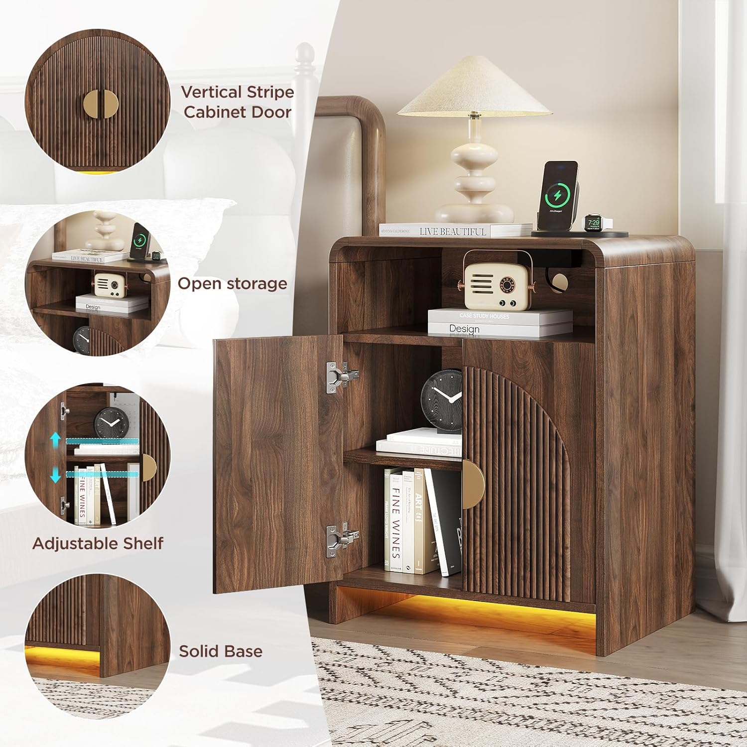 The bedside table is equipped with a charging station and LED lights. The bedside table can be adjusted to a storage compartment. The modern side table has recessed doors and open storage space. Bedroom, living room,