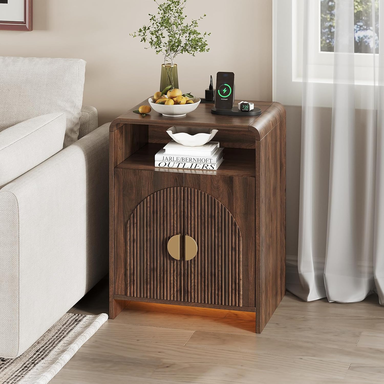 The bedside table is equipped with a charging station and LED lights. The bedside table can be adjusted to a storage compartment. The modern side table has recessed doors and open storage space. Bedroom, living room,