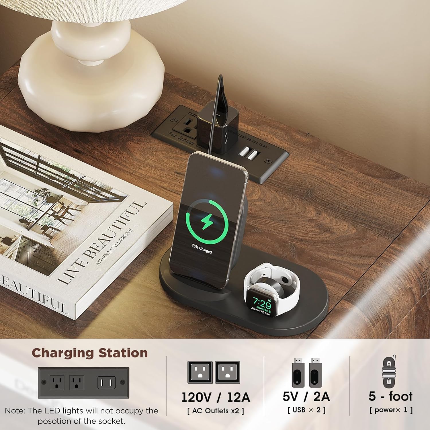 The bedside table is equipped with a charging station and LED lights. The bedside table can be adjusted to a storage compartment. The modern side table has recessed doors and open storage space. Bedroom, living room,