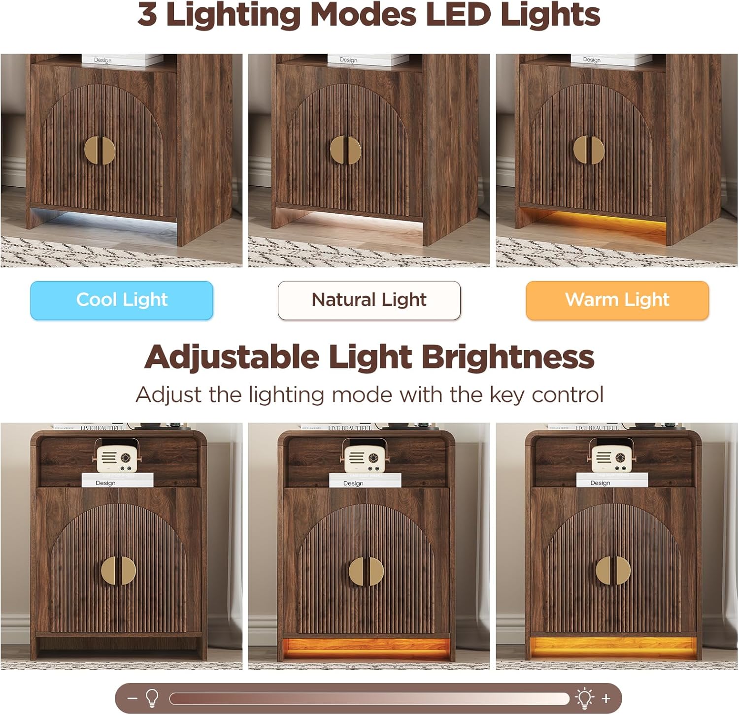 The bedside table is equipped with a charging station and LED lights. The bedside table can be adjusted to a storage compartment. The modern side table has recessed doors and open storage space. Bedroom, living room,