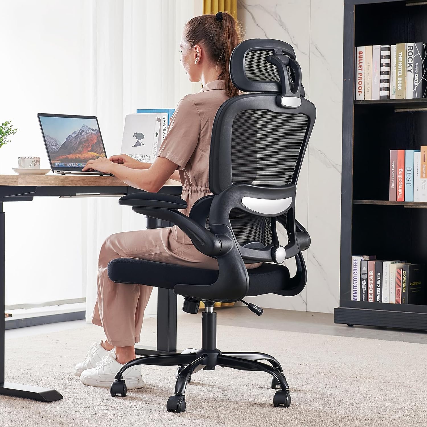 TRALT office chair ergonomic desk chair, 300 pounds (approximately 149.7 kilograms) household mesh office desk chair with wheels, comfortable gaming chair, long-lasting high-back office chair (black)