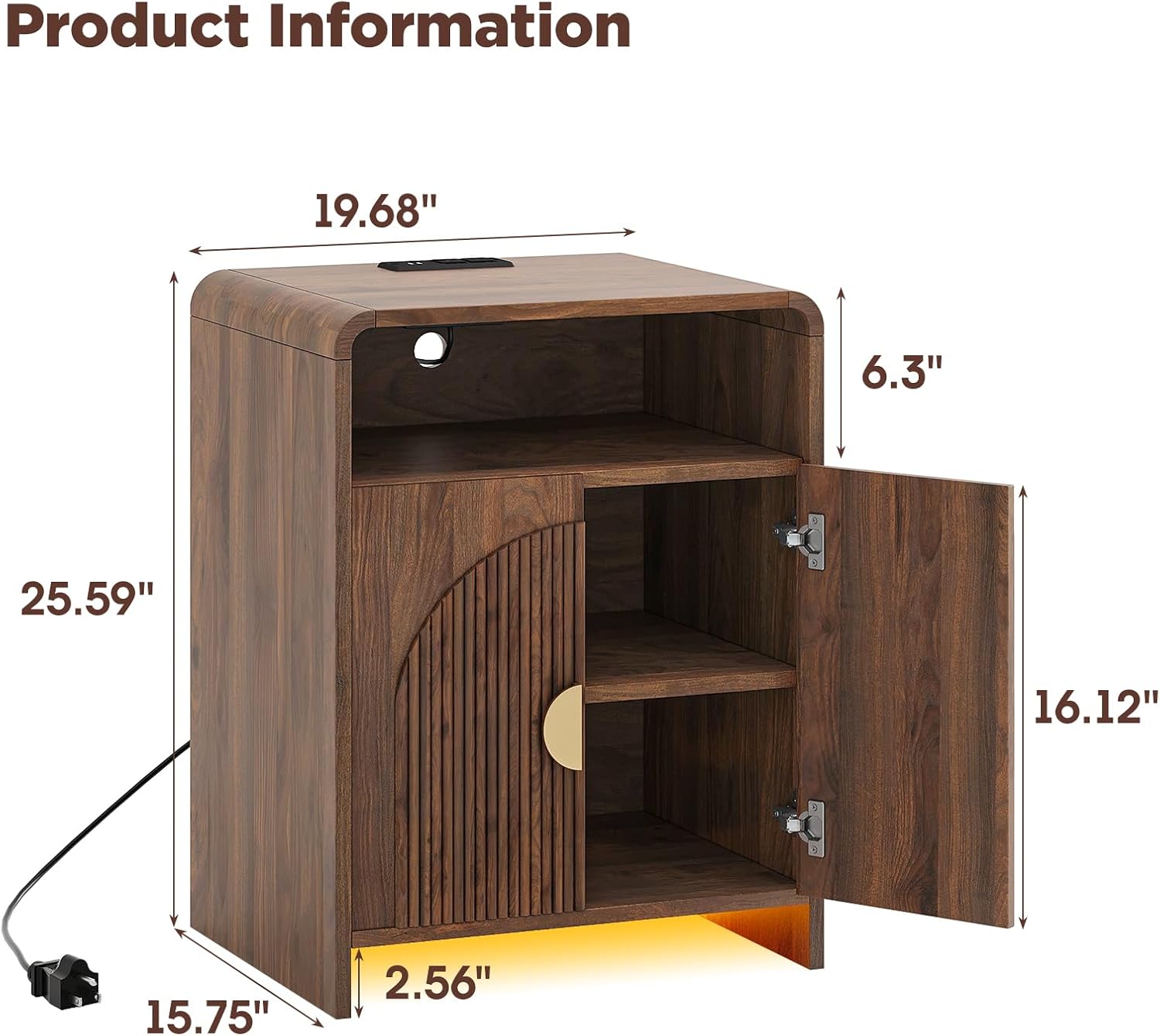 The bedside table is equipped with a charging station and LED lights. The bedside table can be adjusted to a storage compartment. The modern side table has recessed doors and open storage space. Bedroom, living room,