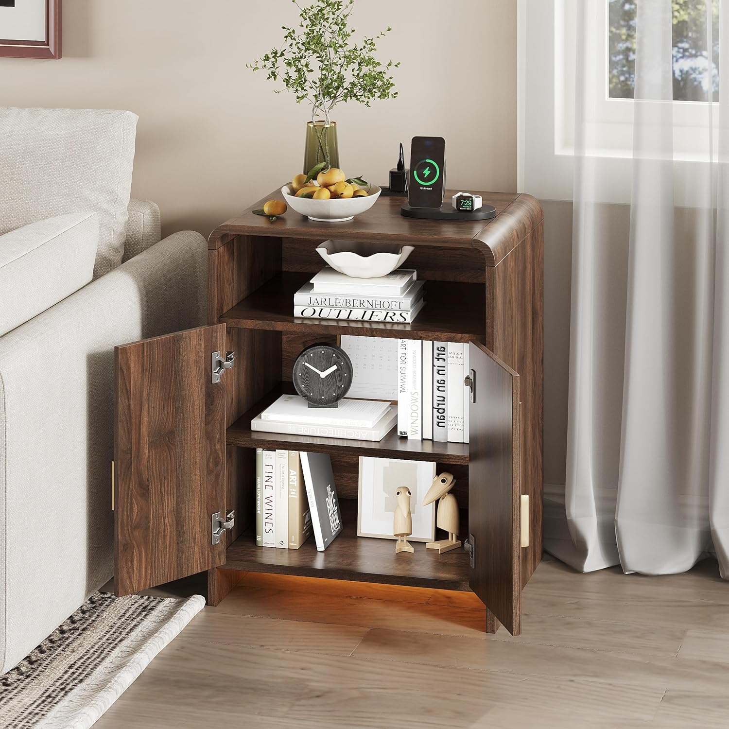The bedside table is equipped with a charging station and LED lights. The bedside table can be adjusted to a storage compartment. The modern side table has recessed doors and open storage space. Bedroom, living room,