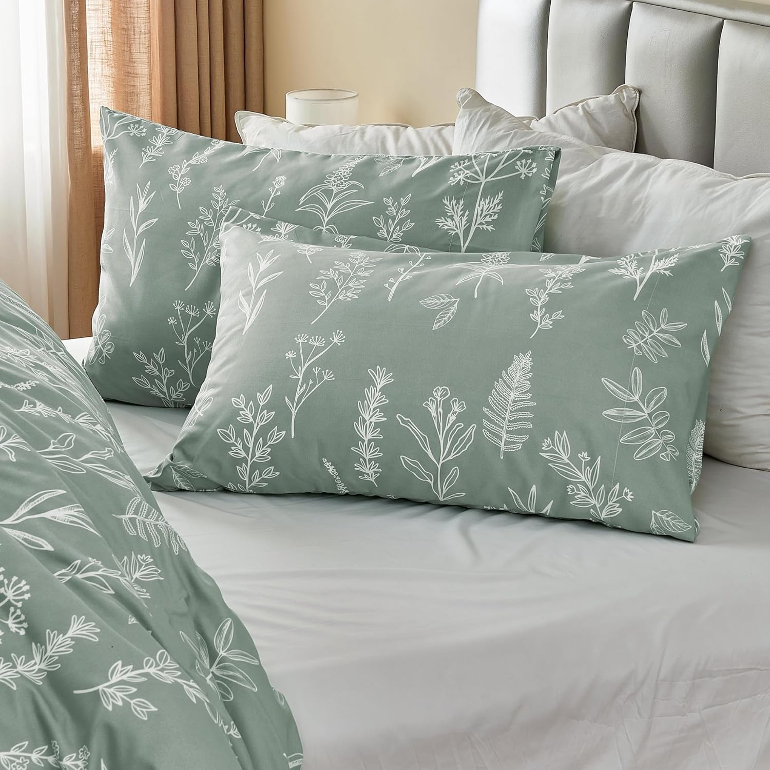 Duvet Cover Queen Size, Reversible Floral Green Duvet Cover Set with Zipper Closure, 3 Pieces Botanical Patterns Soft Microfiber Bedding Set with 4 Ties (90