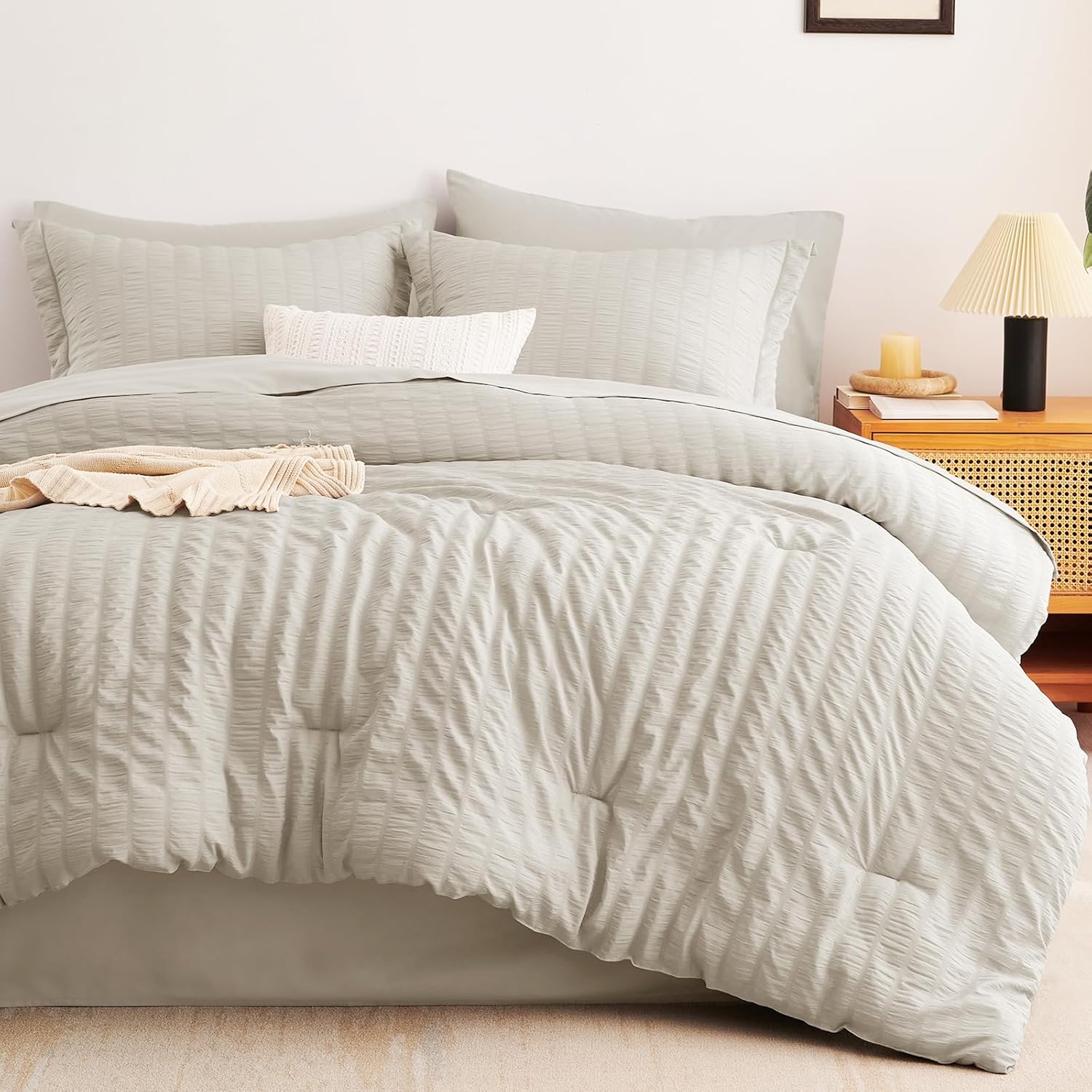 CozyLux King Size Comforter Set Beige Seersucker 7 Pieces Bed in a Bag King Comforter Set with Sheets, Luxury Soft Bedding Set with Down Alternative Comforter, Sheets, Pillowcases & Shams All Seasons