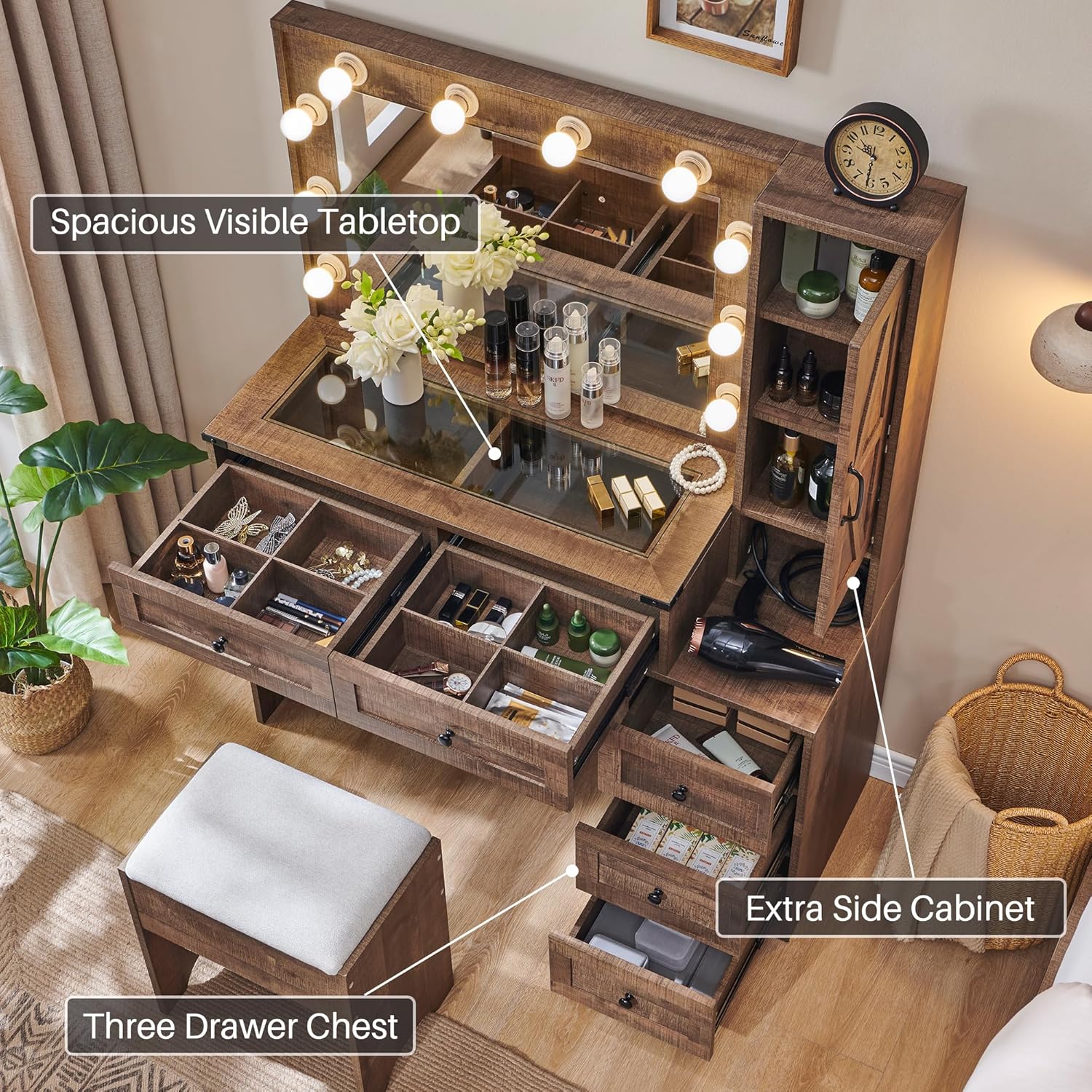 JXQTLINGMU Farmhouse Vanity Makeup Desk with Charging Station, 43