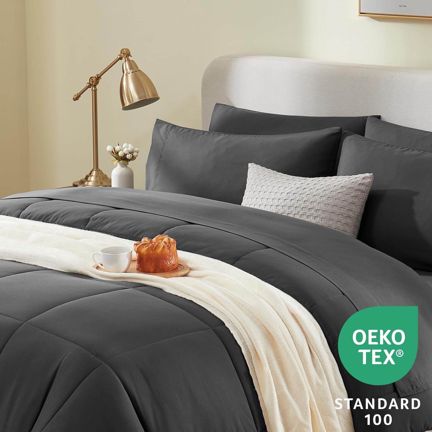 CozyLux Queen Comforter Set Dark Grey, 7 Pieces Bed in a Bag, Dark Gray Comforter Queen Size, All Season Bedding Sets with Stitch Quilted Comforter, Flat Sheet, Fitted Sheet, Pillowcases