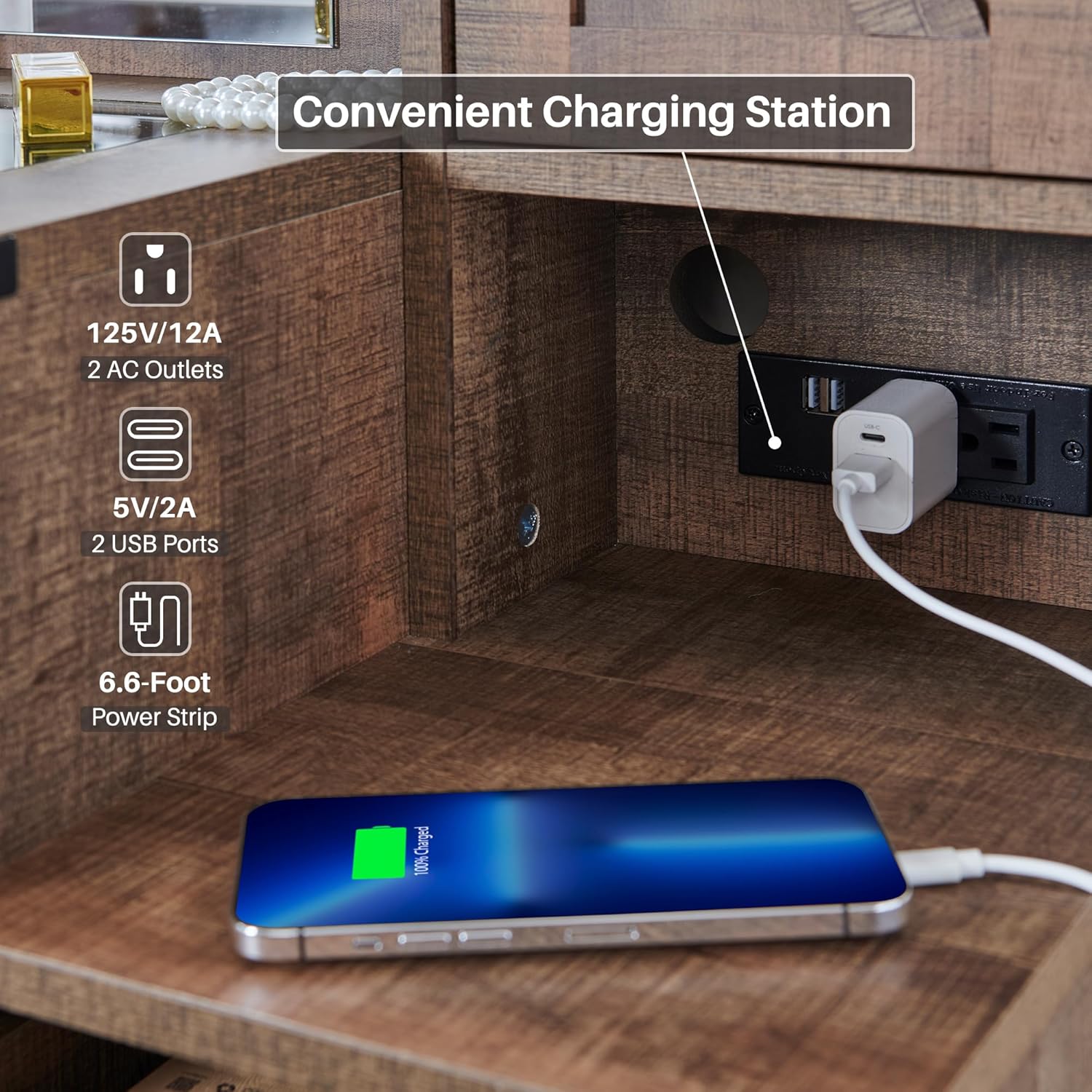 JXQTLINGMU Farmhouse Vanity Makeup Desk with Charging Station, 43