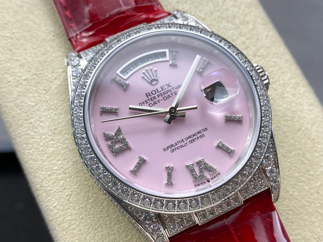 ROLEX Day-Date 36mm Diamond Red Leather Pink Dial