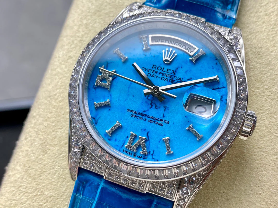 ROLEX Day-Date 36mm Diamond Blue Leather