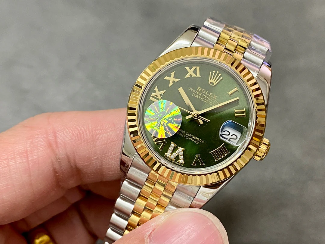 DATEJUST 31MM GOLD STEEL DIAMOND NUMERALS GREEN DIAL