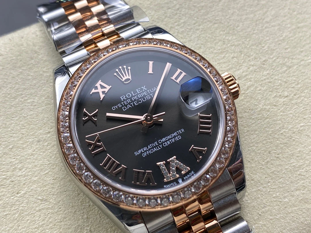 Datejust 31mm Pink Gold Steel Diamond Bezel Dark Grey Dial Diamond Numerals