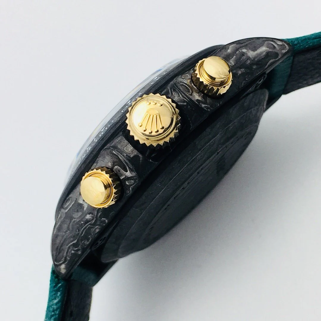 DAYTONA 40MM CUSTOM CARBON FILBER BLACK DIAL NAVY LEATHER