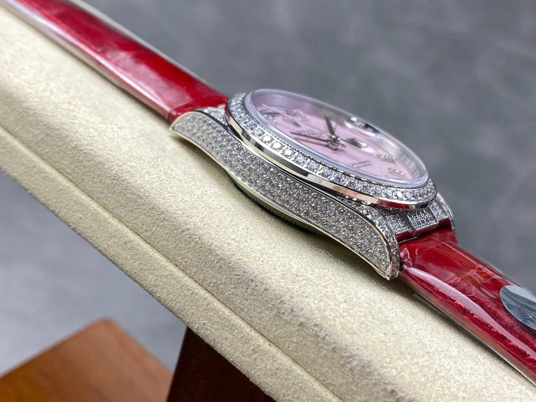 ROLEX Day-Date 36mm Diamond Red Leather Pink Dial