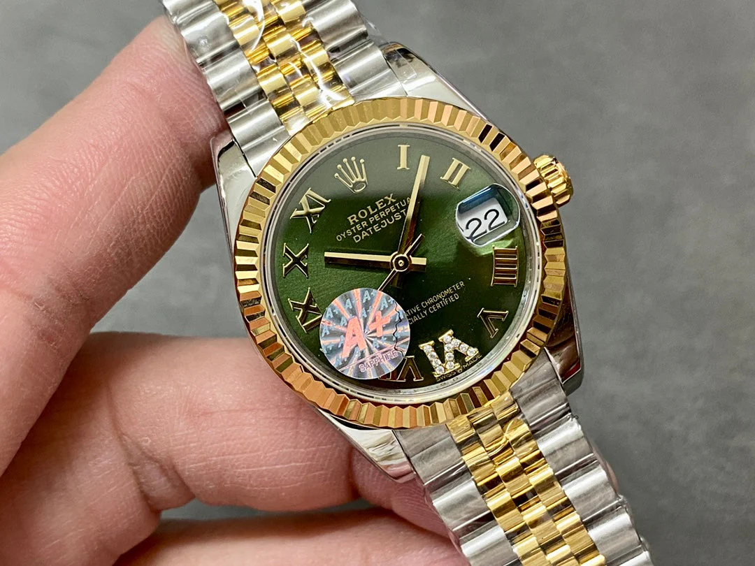 DATEJUST 31MM GOLD STEEL DIAMOND NUMERALS GREEN DIAL