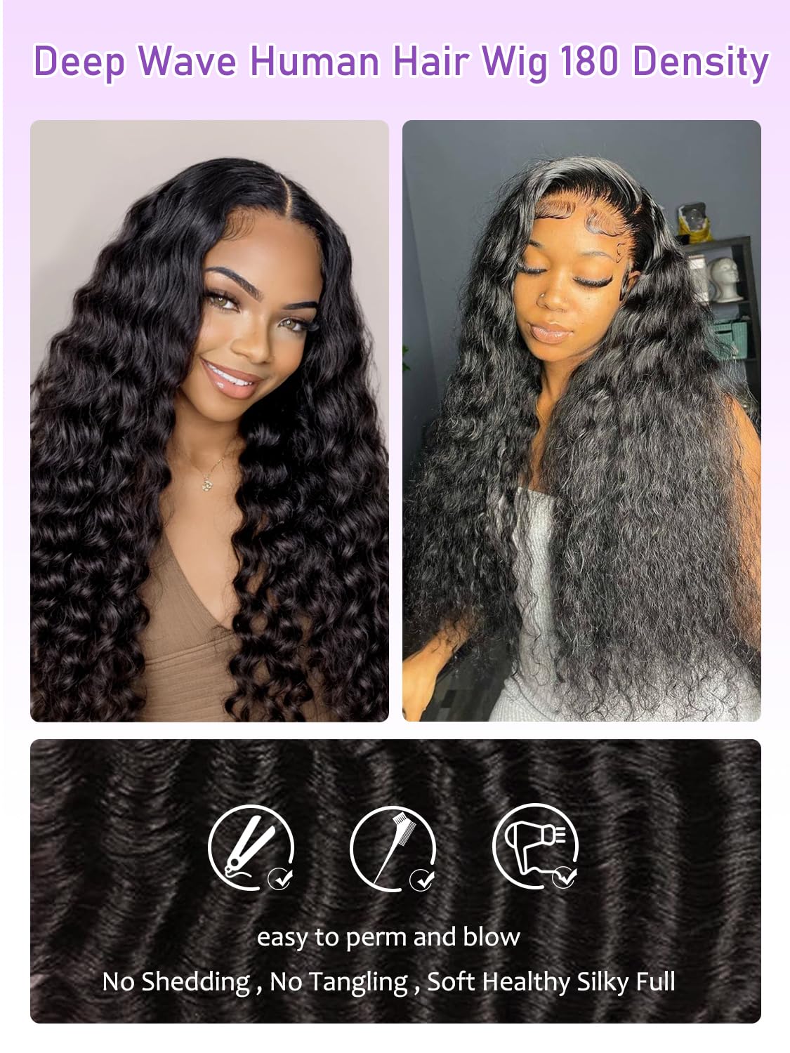Deep wavy lace front wig, 13x6 cm, soft Remy undyed/unpermed real hair, 180% density HD. Suitable for Black women, natural color, pre-extracted hairline.