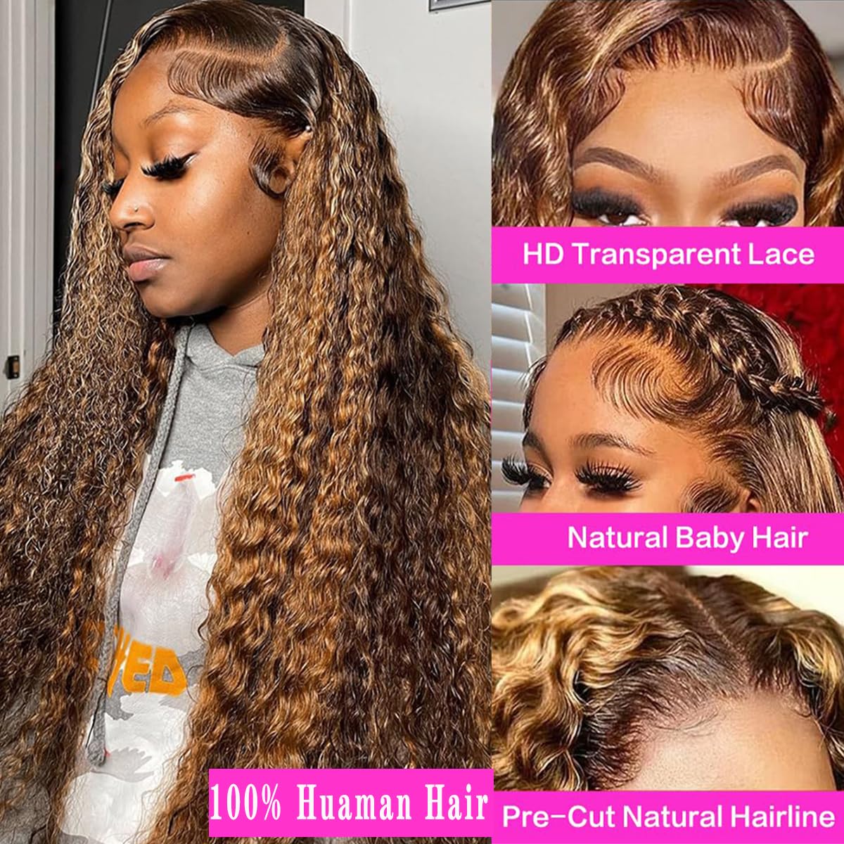 30-inch (approx. 30 cm) honey blonde high-gloss gradient lace front wig, 200% density 13x6 HD lace front wig, real hair deep wave curl lace front wig, pre-harvested baby hair.