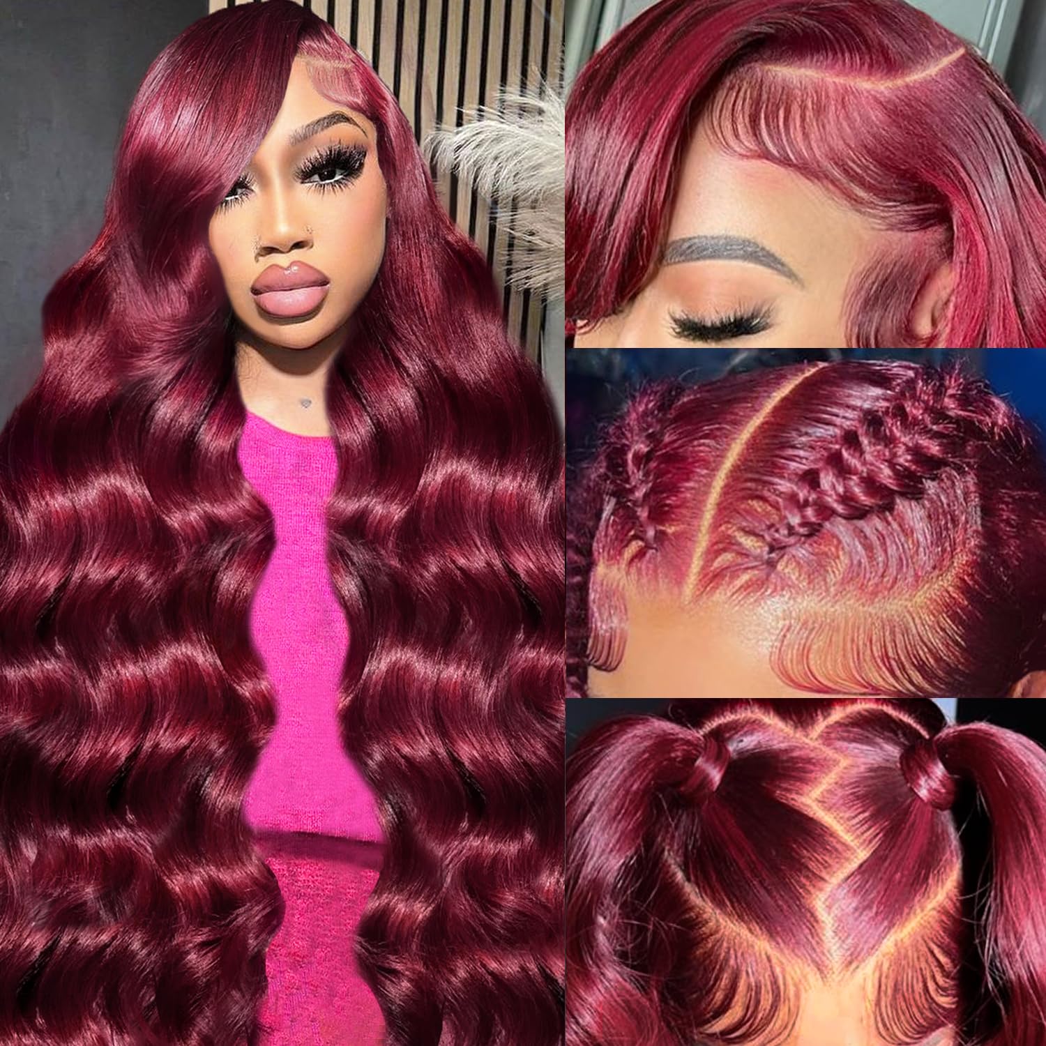 28-inch 99J Burgundy Lace Front Wig, Real Hair 13x6 HD Transparent Body Wavy Lace Front Wig, Pre-Pulled 99J, Burgundy Red Wine Glue-Free Real Hair Wig for Women