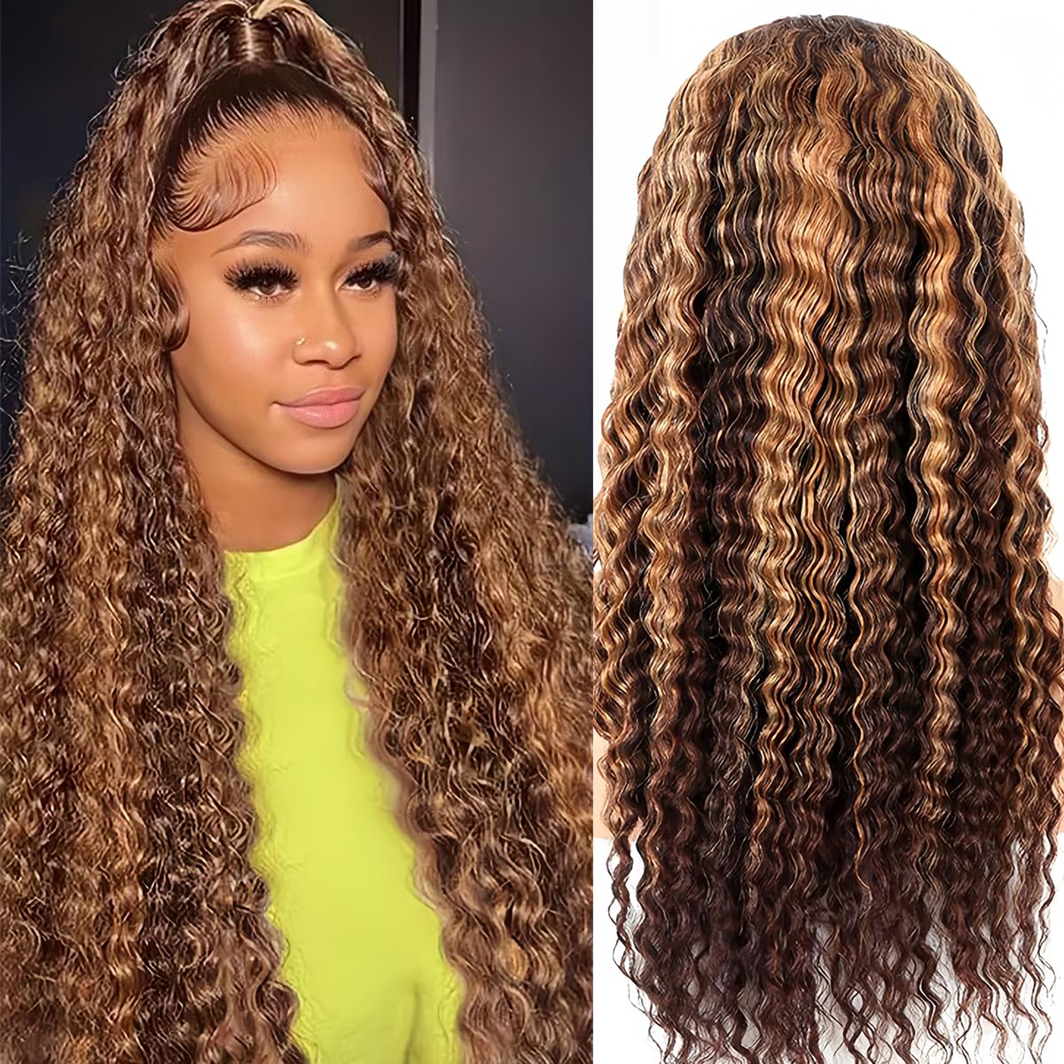 30-inch (approx. 30 cm) honey blonde high-gloss gradient lace front wig, 200% density 13x6 HD lace front wig, real hair deep wave curl lace front wig, pre-harvested baby hair.