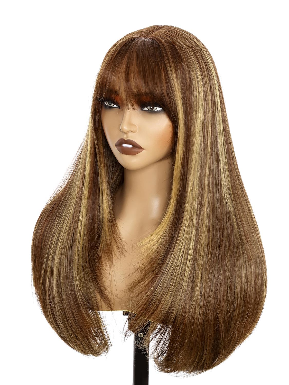 Highlight Caramel Gold Glue-Free Lace Wig for Women | 26-inch Long Straight Synthetic Wig with Curtain Bangs | Heat-resistant, Wear-resistant, No Glue Required | Suitable for Cosplay and Everyday Use