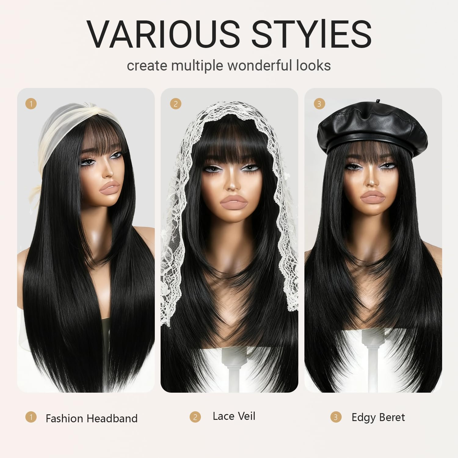 Long black wig with bangs, synthetic heat-resistant layered style, suitable for everyday wear and parties.