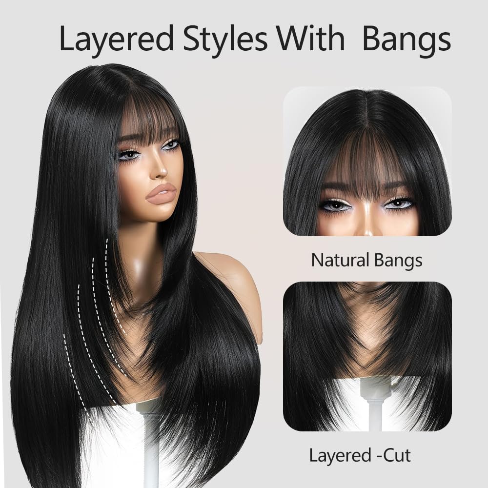 Long black wig with bangs, synthetic heat-resistant layered style, suitable for everyday wear and parties.