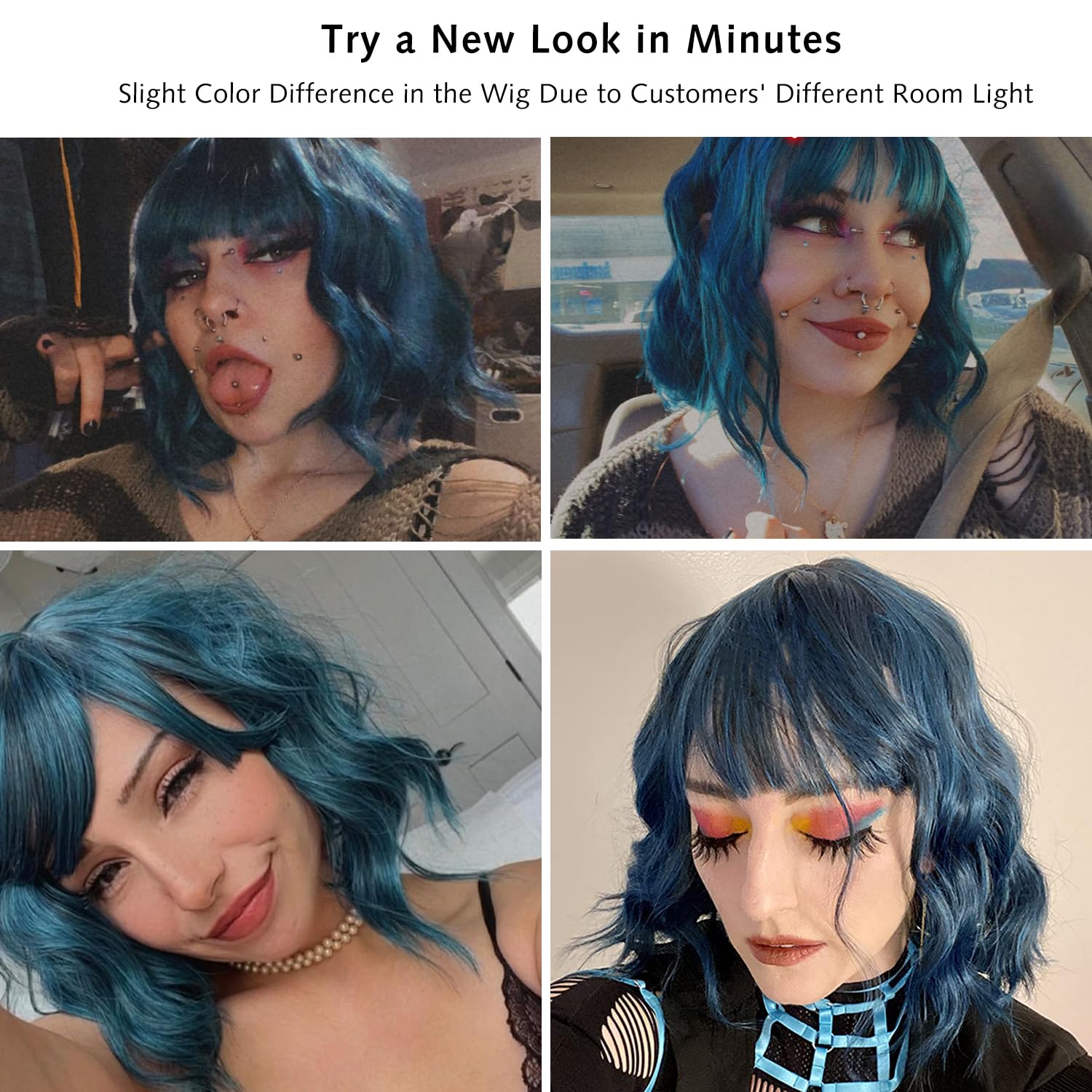 Rose Bud wavy bob wig with bangs, natural blue synthetic hair, shoulder length, short curly wig for women.v