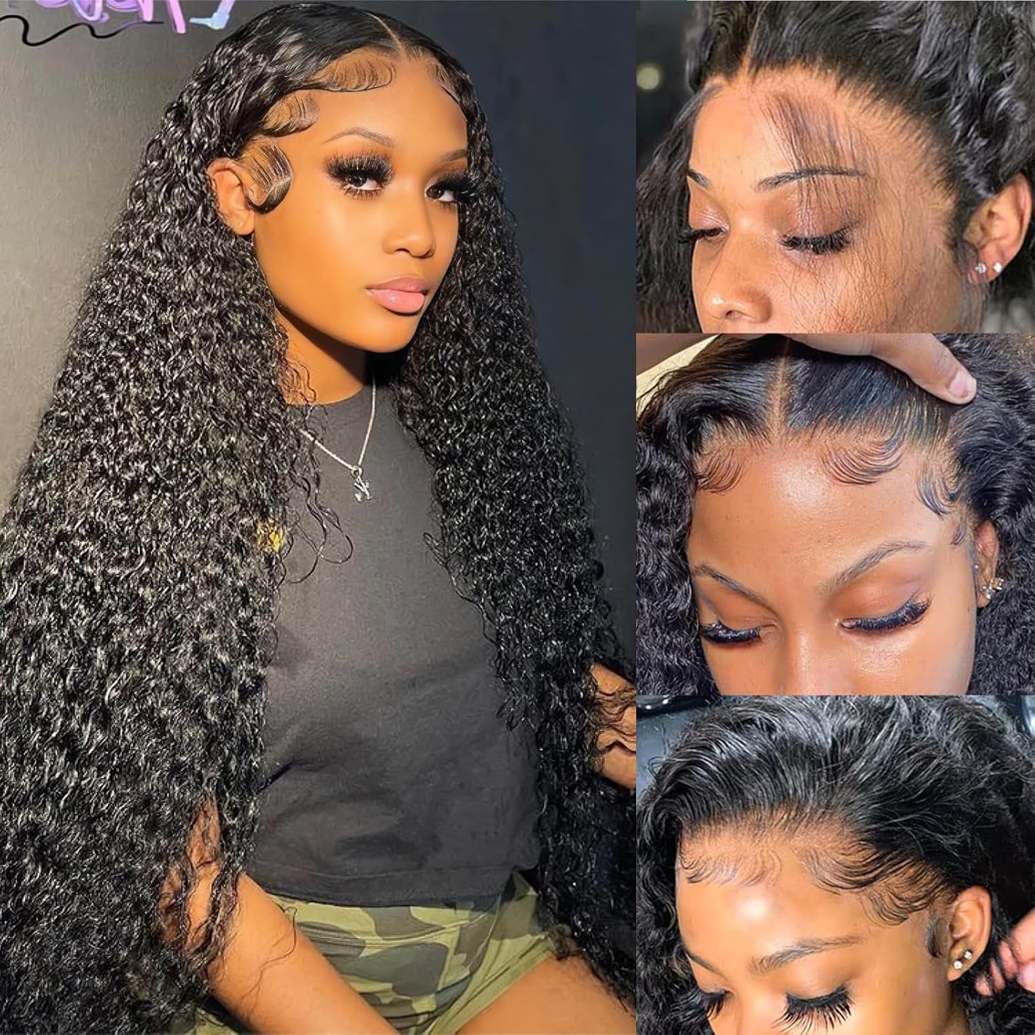 Deep wavy lace front wig, real hair density 180, density 13x4, HD transparent forehead wig, women's deep curly wig, glue-free, real hair, pre-plucked, contains baby hair, natural black, 20 inches.