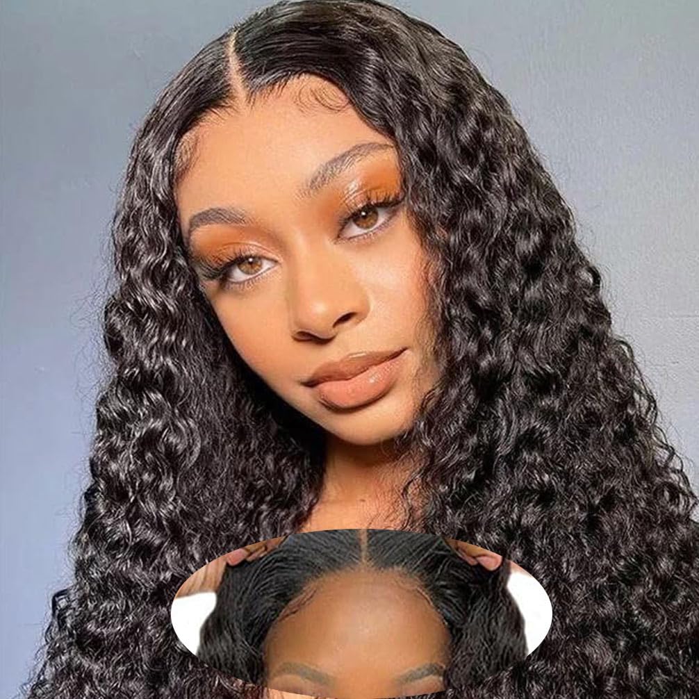 Wear and Go Glue-Free Real Hair Pre-Cut Lace Wig Suitable for Black Women 180 Density Water Wave Bob Wig Real Hair Curls (20 inches)