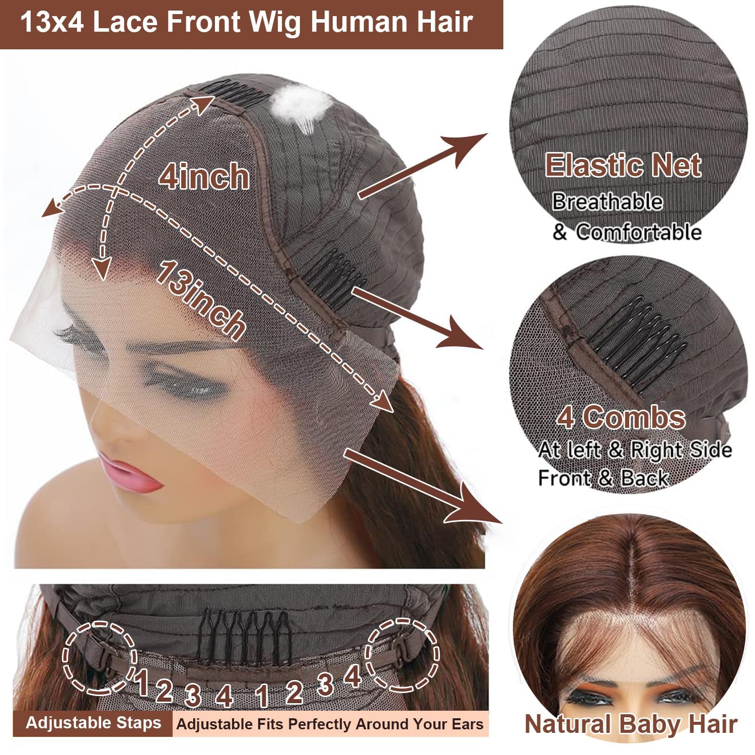 Chocolate brown lace front wig, 200 density, brown waves, 13x4, high-definition lace front wig, real hair pre-plucked and baby hair brown wig, colored #4, front-facing real human hair wig, women's style (30 inches).