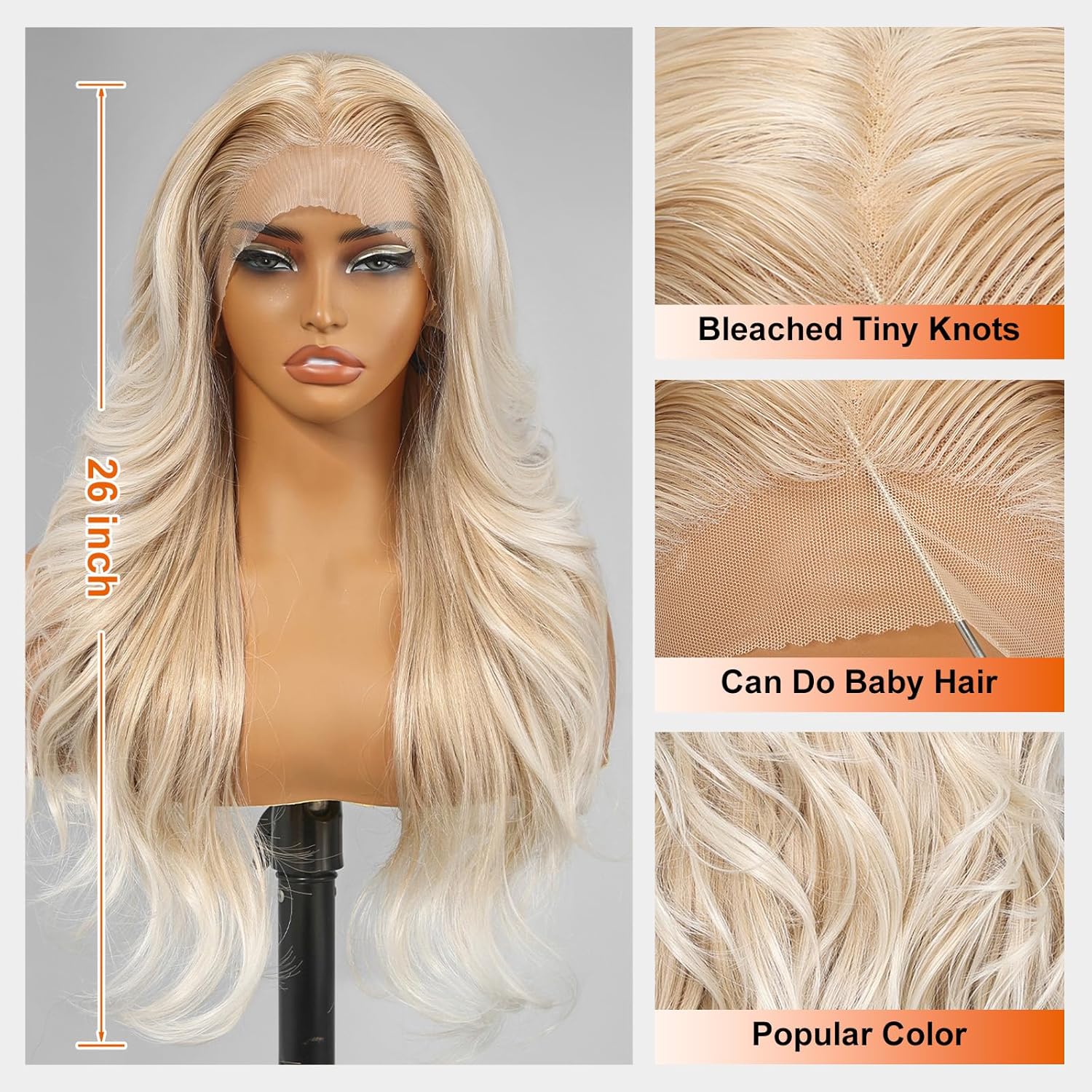 Blonde synthetic lace wig, 13x4 high-definition lace layered wave wig without glue, suitable for women's daily use, 26 inches (approximately 50.6 cm).
