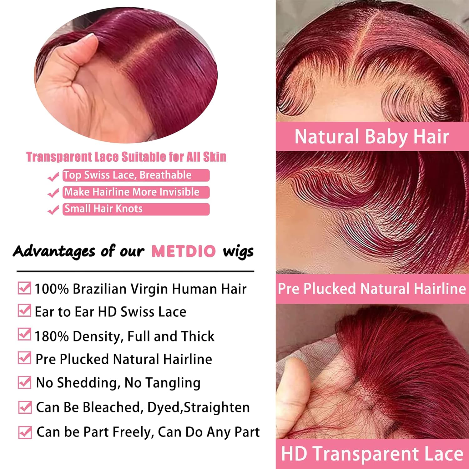 99J Burgundy Wig, Real Hair, 13x4cm, Body Wavy Lace Front Wig, Real Hair, 180 Density, Pre-Pulled, Glue-Free, Wine Red Lace Front Wig, Women's, 28 Inches (Approx. 71.1 cm)