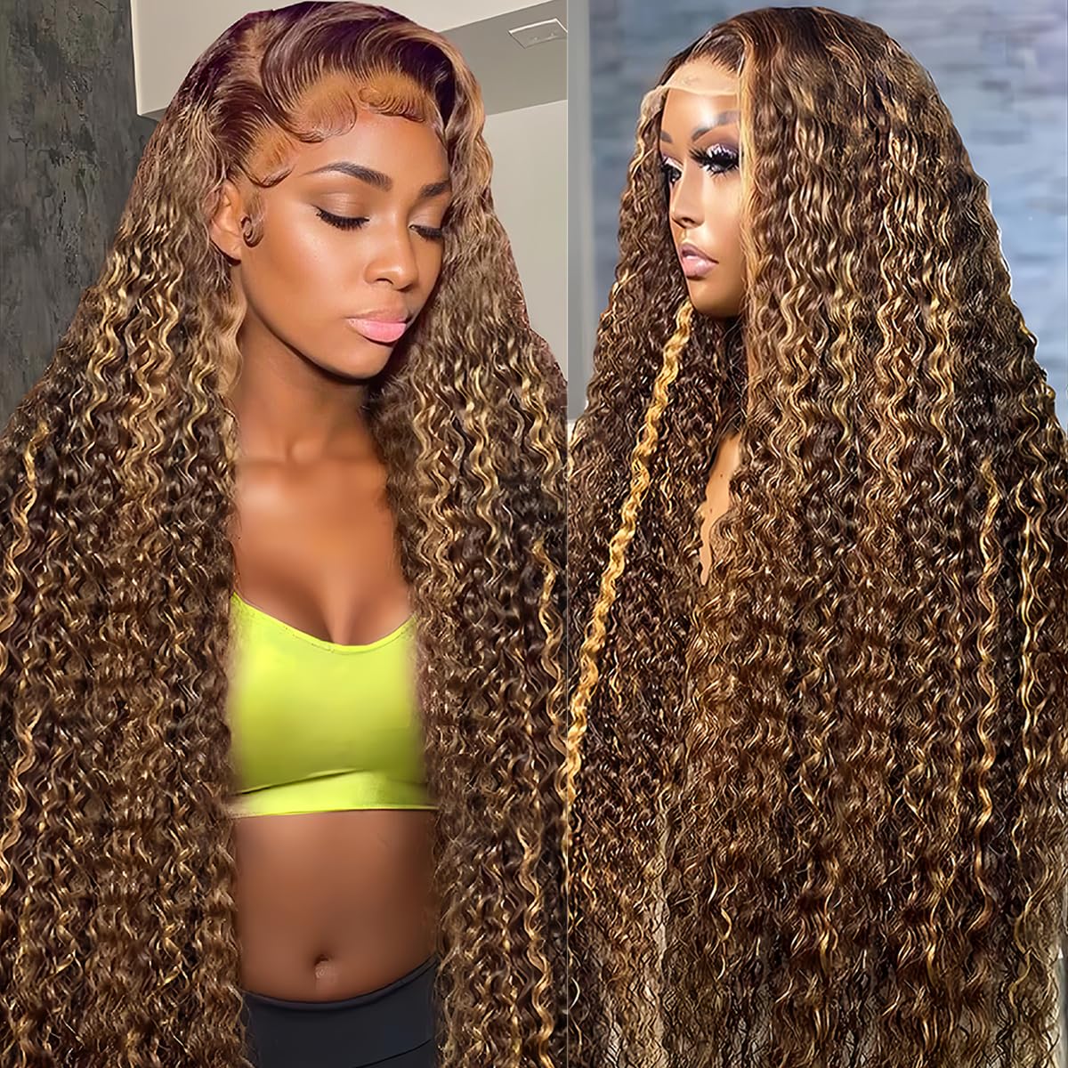 30-inch (approx. 30 cm) honey blonde high-gloss gradient lace front wig, 200% density 13x6 HD lace front wig, real hair deep wave curl lace front wig, pre-harvested baby hair.