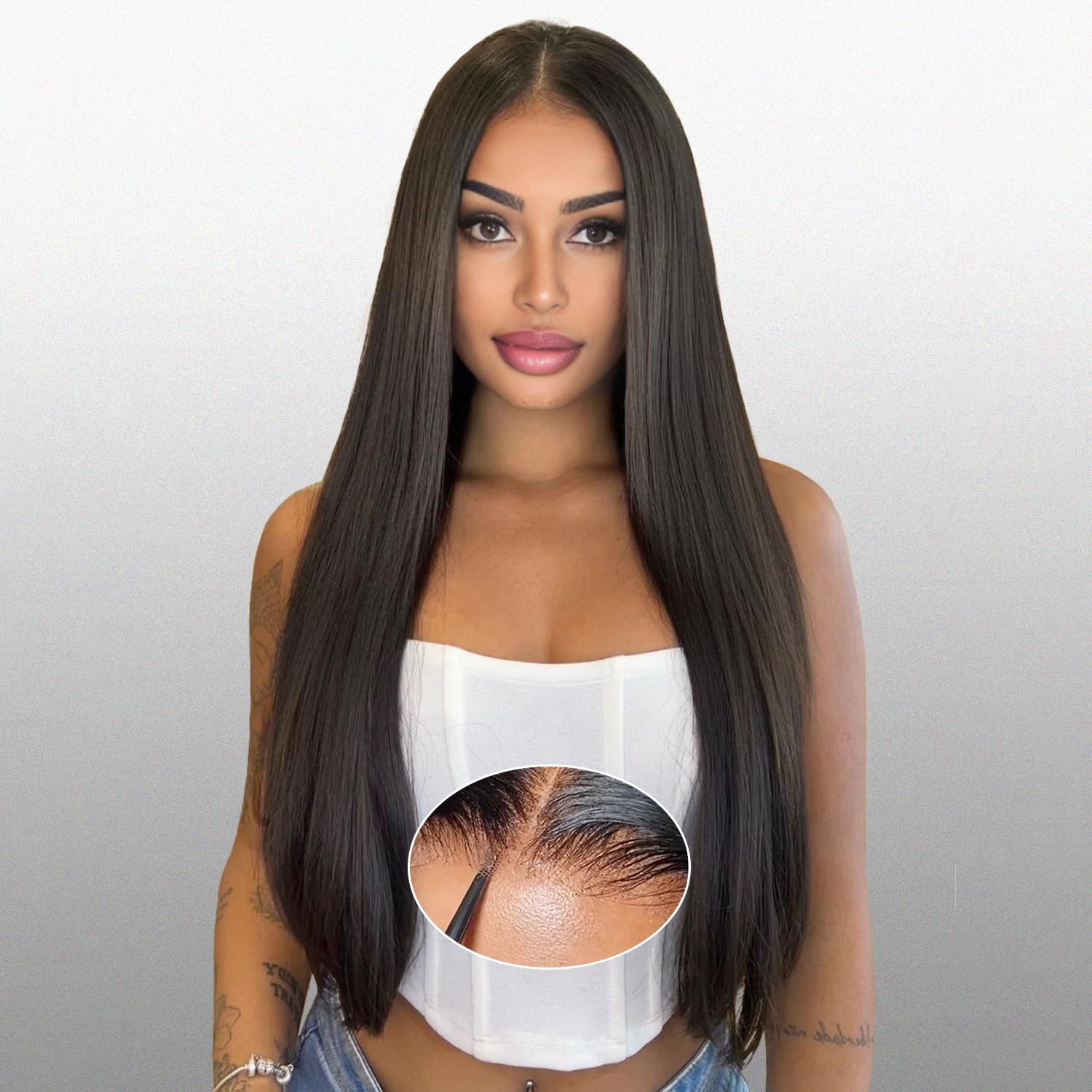 Glue-free, real hair, pre-cut, 6x4cm, straight hair with lace front, 20-inch high-definition lace front wig for women, 180% density, durable, wear-resistant, glue-free wig, black.