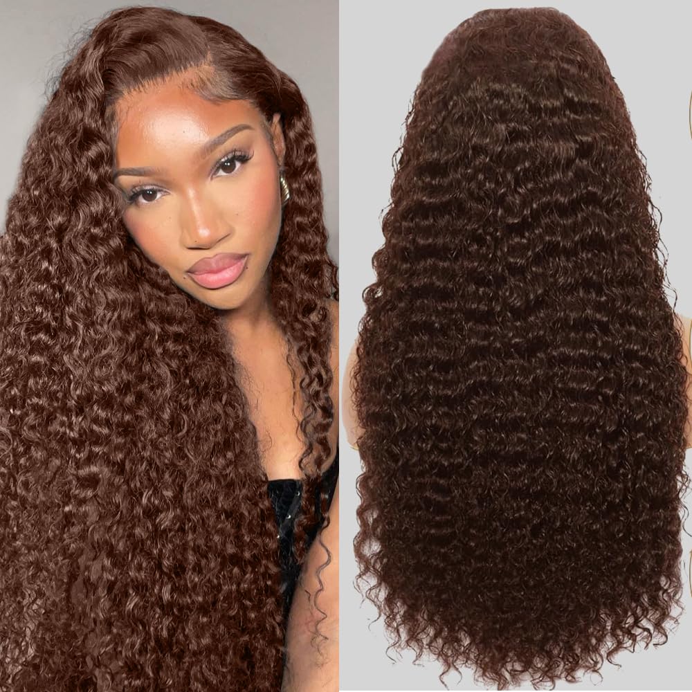 30-inch (approx. 30 cm) chocolate brown lace front wig, real hair, 200 density, 13x6 HD deep wave lace front wig, real hair, colored deep curl lace front wig, glue-free wig, brown wig, suitable for women.