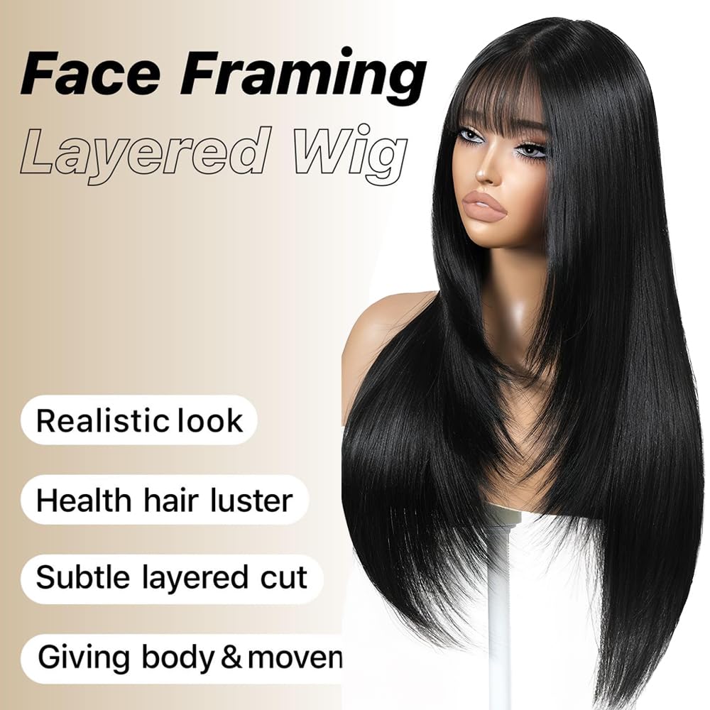 Long black wig with bangs, synthetic heat-resistant layered style, suitable for everyday wear and parties.