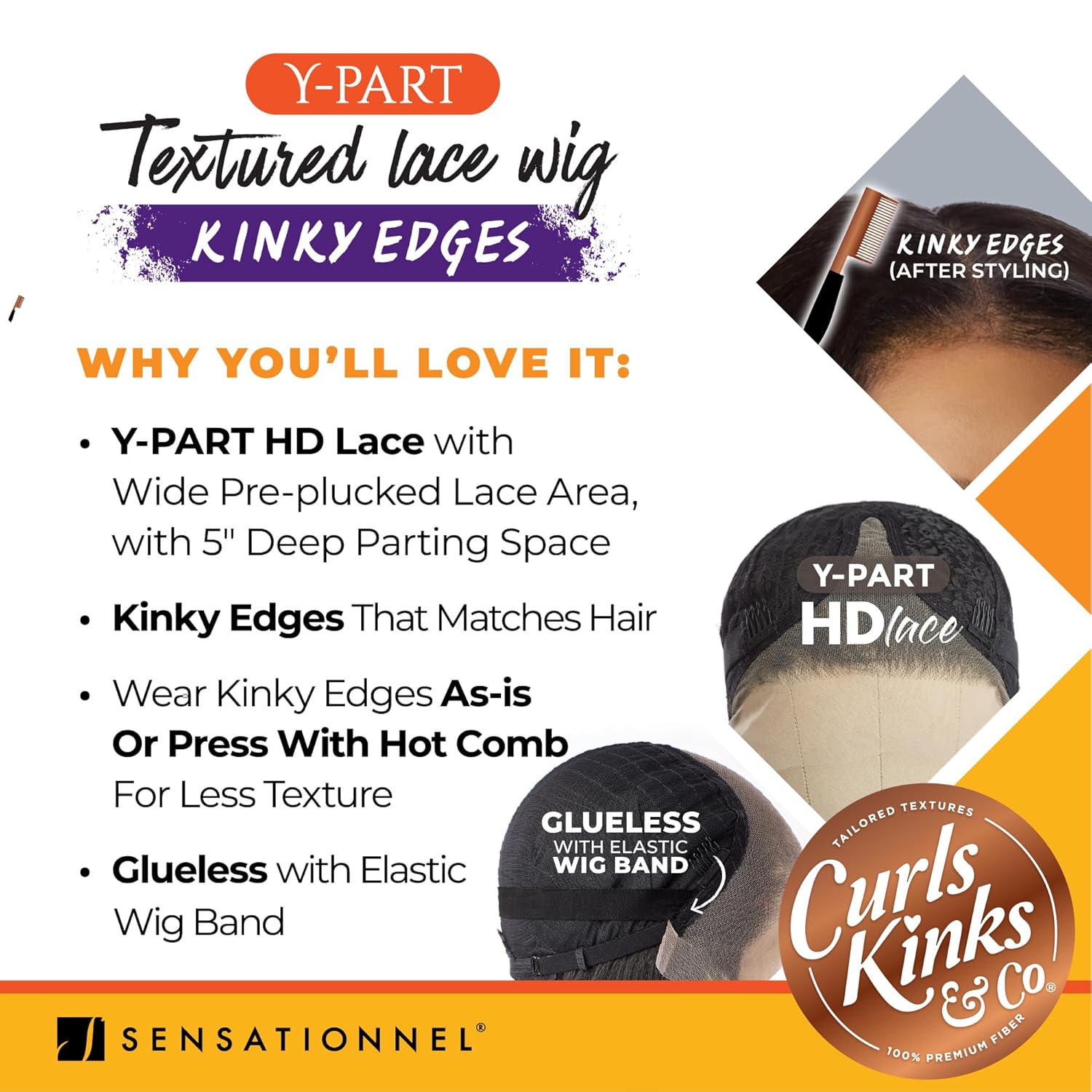 Sensationnel Kinksandco Kinkyedge Curly Wig - Lewd Spiral 24 inch Y-Shaped with partial lace, natural twisted hairline, suitable for 3C to 4C hair texture (BALAYAGECOPPER)