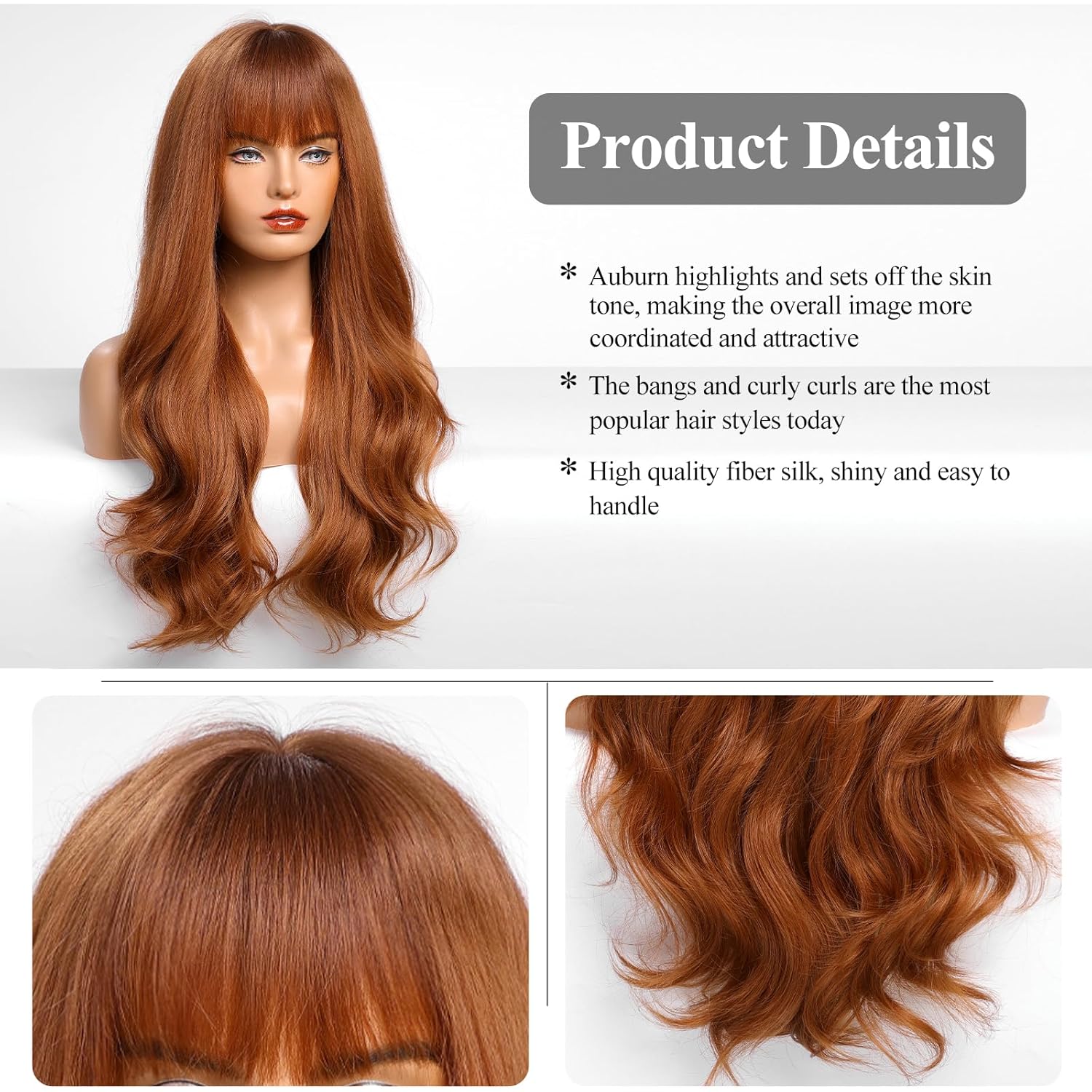 HAIRCUBE Auburn Wig with Bangs, Women's Long Curly Synthetic Wig, Suitable for Girls' Everyday Wear and Parties